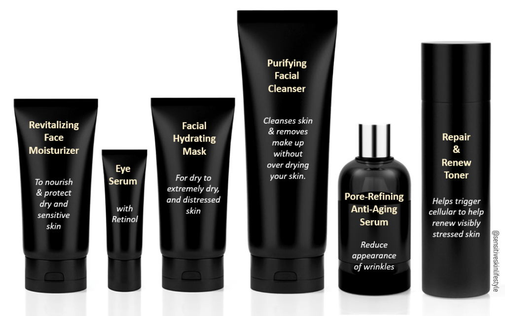 A generic photo of skin care product bottles and tubes coloured in black. The author had included skin care marketing terms such as "Repair & Renew Toner - Helps trigger cellular to renew visibly stressed skin"