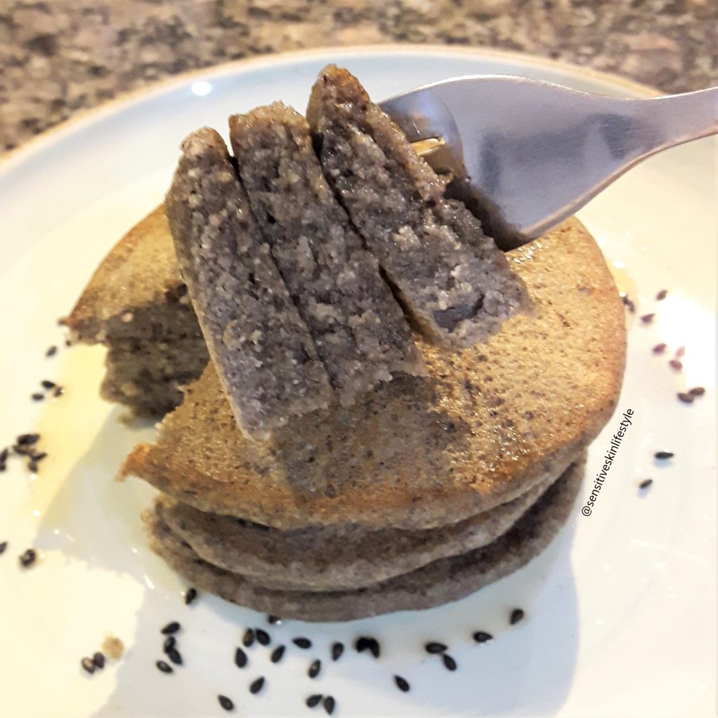 Bite view of Catherine's Black Sesame Buckwheat Pancakes