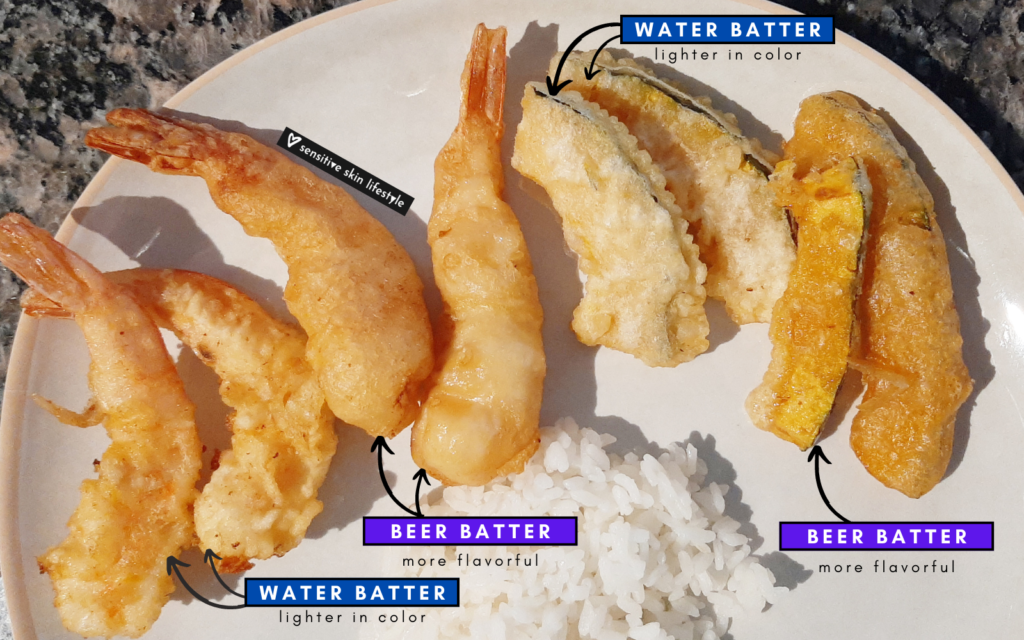 photo of showa tempura batter mix shrimps and kabocha - beer batter versus water batter
