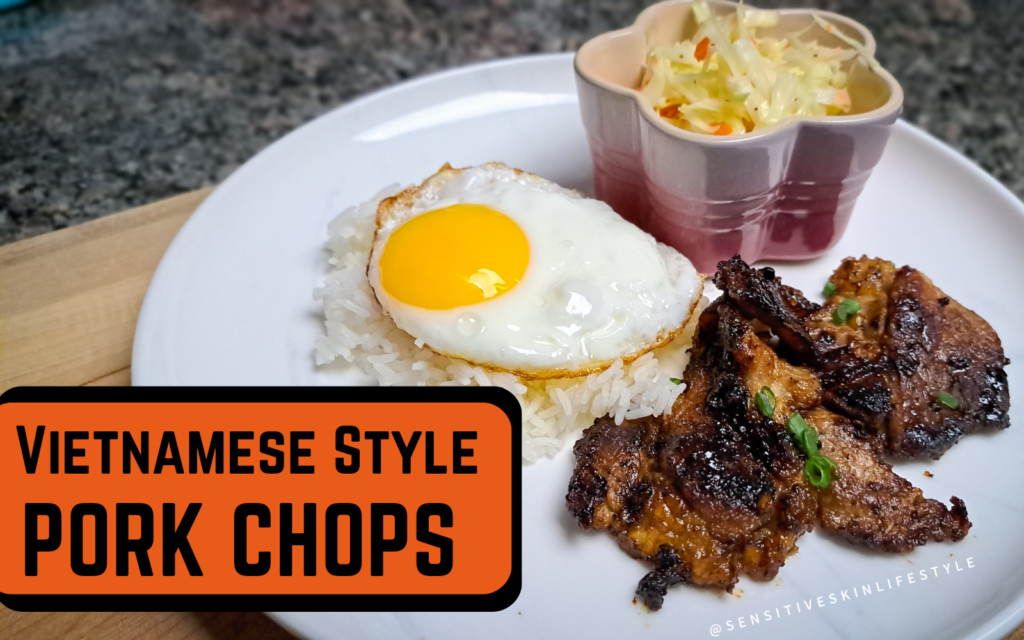 Photo of Vietnamese Style Pork Chops with rice, fried egg and coleslaw