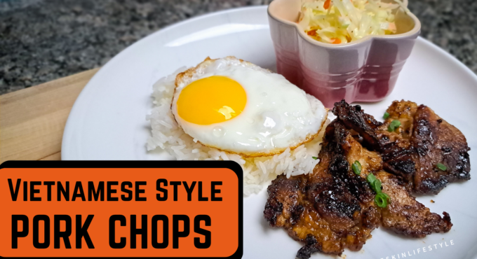 Photo of Vietnamese Style Pork Chops with rice, fried egg and coleslaw