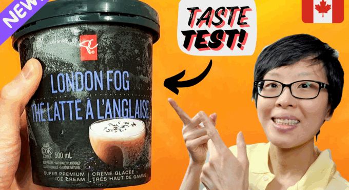 Photo of a hand holding on to a 500mL tub of PC Black Label London Fog Ice Cream over a bright orange back ground. On the right shows Catherine pointing to the ice cream. There is a Canadian flag icon and text that reads "TASTE TEST"